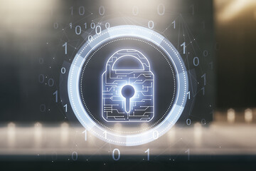 Virtual creative lock illustration with microcircuit on blurry contemporary office building background, cyber security concept. Multiexposure