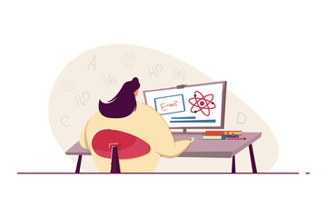 Woman doing mathematical calculations. Young female trying to solve mathematical task using computer. Looking for solution. Science, knowledge concept for banner, website design or landing web page