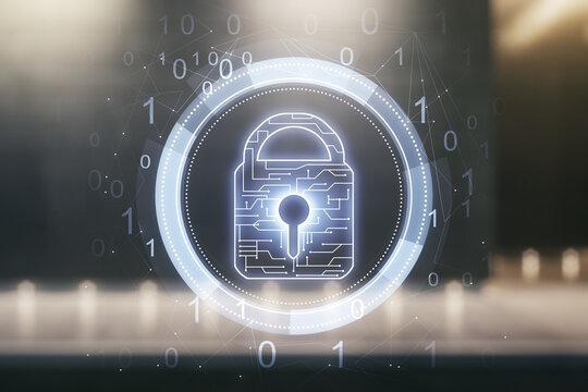 Virtual creative lock illustration with microcircuit on blurry contemporary office building background, cyber security concept. Multiexposure