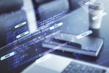 Multi exposure of abstract creative coding sketch with world map on modern laptop background, artificial intelligence and neural networks concept