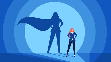 Businesswoman with superhero shadow. Strong, confident and successful business woman. Leadership, courage, power, success vector concept. Female boss or manager succeed, having promotion - obrazy, fototapety, plakaty