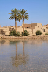 Paisaje con palmeras y casas reflejadas en un estanque en las afueras de Risani en el sur de Marruecos