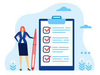 Businesswoman checklist. Successful woman with completed checklist. Business task completion, checkbox questionnaire vector concept. Female worker standing with pen near clipboard with list
