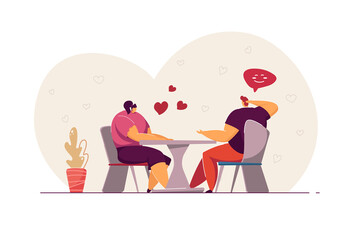 Couple having date in cafe. Affectionate young people having dinner and talking. Cute lovers flirting, celebrating St Valentine's Day or holiday. Love concept for website design