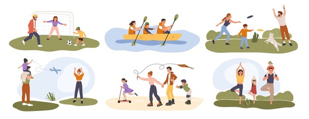 Family activity. Happy parents playing sports games with their children. Healthy family activities, summer outdoor recreation vector set. People playing football, frisbee, roller skating
