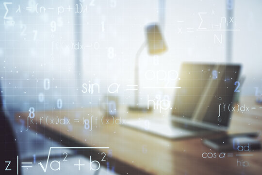 Creative scientific formula hologram on modern laptop background, research concept. Multiexposure