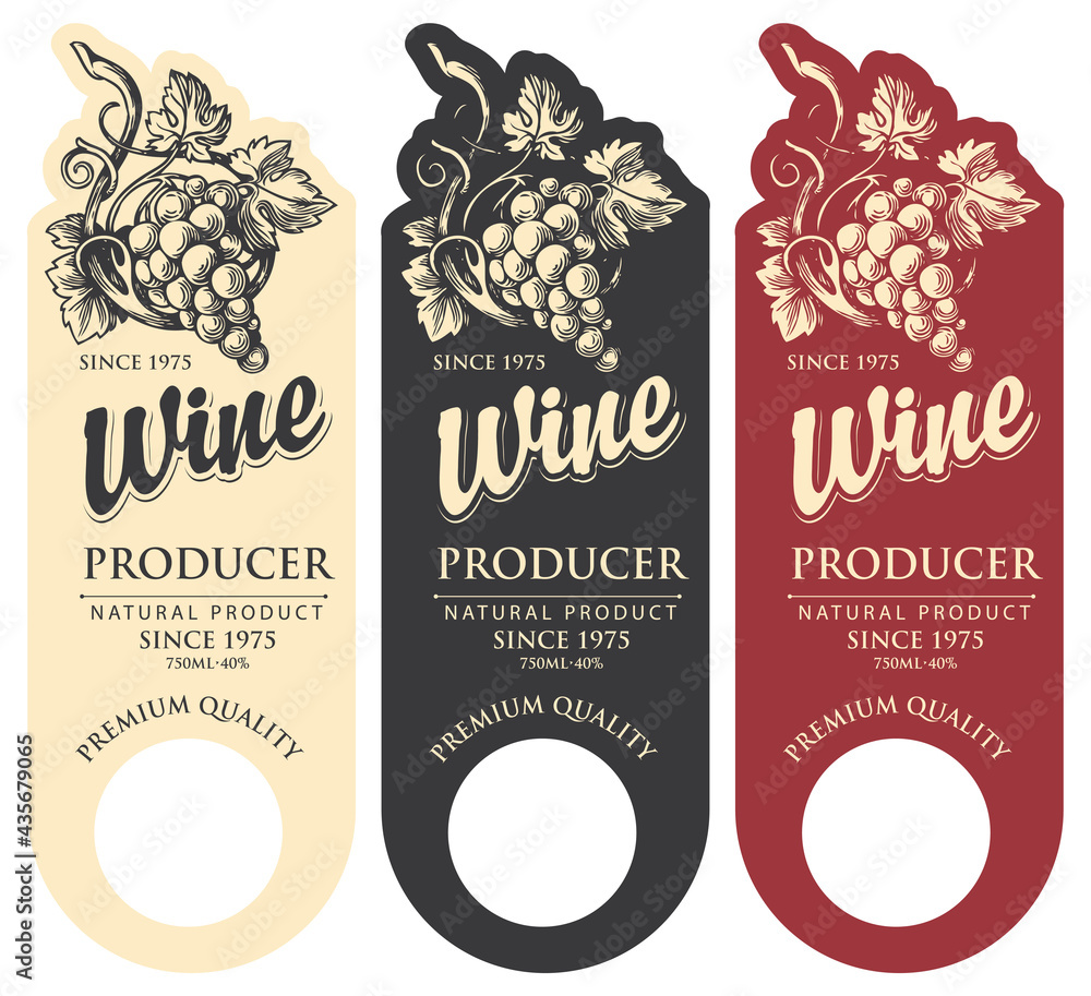 Poster wine labels decorated with hand-drawn bunches of grapes and calligraphic inscriptions. set of vertic