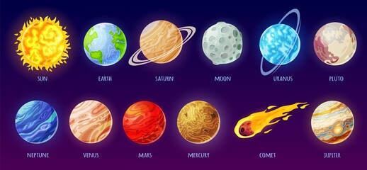 Solar system planet. Cartoon galaxy planets, star, comet, sun, earth, moon, mercury. Universe space astronomy science for kids vector set. Universe space bodies for preschool education © Frogella.stock