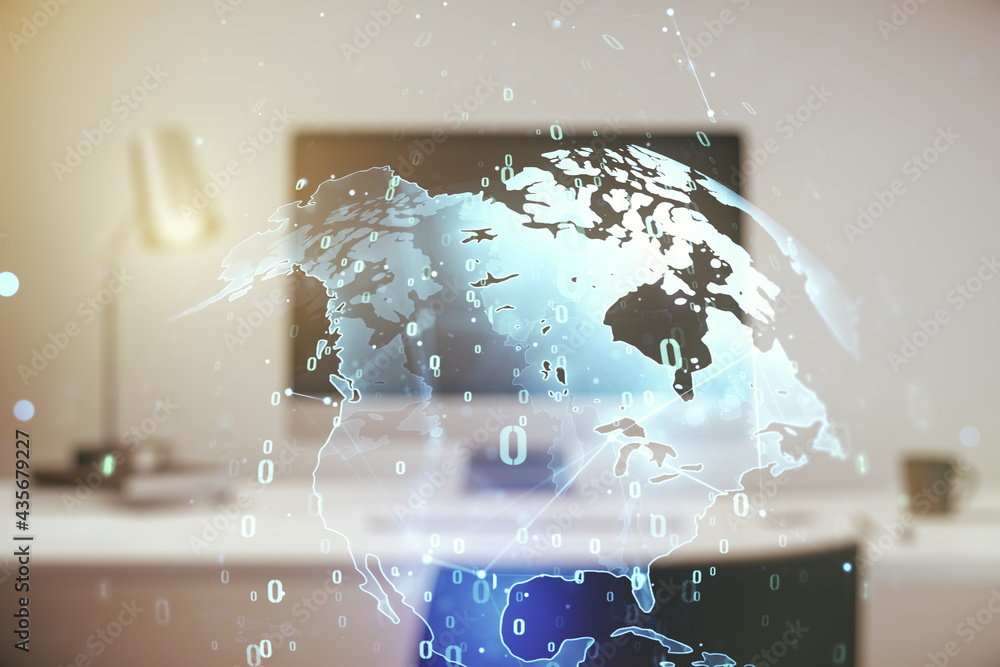 Poster abstract creative coding concept with world map on modern laptop background. multiexposure