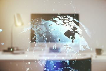 Abstract creative coding concept with world map on modern laptop background. Multiexposure