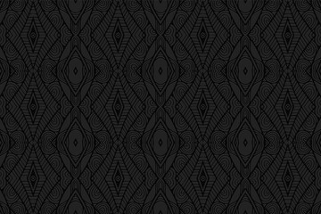 3D volumetric convex embossed geometric black background. Ethnic pattern with the exclusive national color of the peoples of India. Elegant ornament for wallpaper, website, textile, presentation.