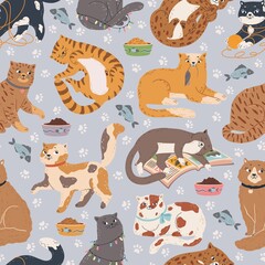 Cats seamless pattern. Cute cat sleeping, playing with toys, sitting. Cartoon pet animal background with funny kittens vector texture. Kitty with ball of yarn, mouse, sleeping on book