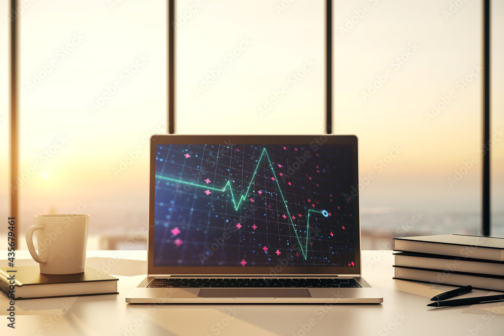 Poster modern computer monitor with creative abstract heart rate hologram. healthcare technolody concept. 3