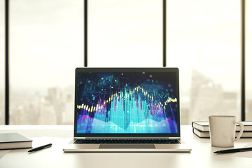 Abstract creative financial graph on modern laptop screen, forex and investment concept. 3D Rendering