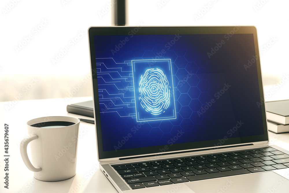 Poster modern computer display with abstract graphic fingerprint sketch, fingerprint scan data concept. 3d 