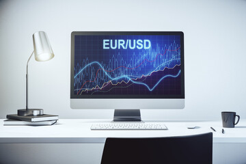 Creative EURO USD financial graph illustration on modern computer monitor, forex and currency concept. 3D Rendering