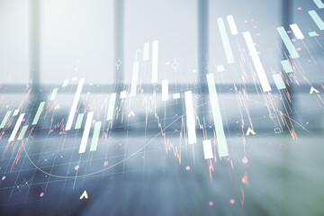 Multi exposure of virtual abstract financial graph interface on modern interior background, financial and trading concept