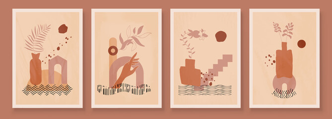 Modern Abstract Art Organic Illustration. Set of aesthetic bauhaus painting wall art for house decoration. Minimalistic canvas background design. Vector wall art shapes in boho style.