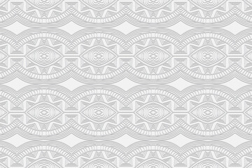 3D volumetric convex embossed geometric white background. Ethnic pattern with the exclusive national color of the peoples of India. Horizontal ornament for wallpaper, website, textile, presentation.