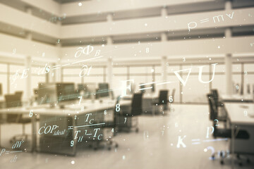 Abstract scientific formula hologram on a modern furnished office background. Multiexposure