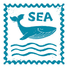 Textured sea post stamp with waves, blue whale and lettering "sea". Grange whale. For decoration, design, tattoo or scrapbooking. Vector shabby hand drawn illustration