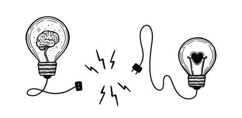 Vector light bulbs with heart and brain inside. Lightbulb with electric wire with plug and socket. Spark of passion. Ready to connect.