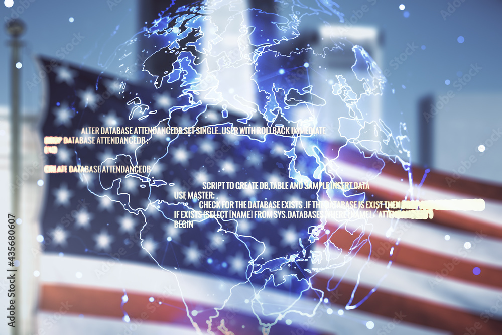 Poster multi exposure of abstract creative coding sketch and world map on usa flag and blurry cityscape bac
