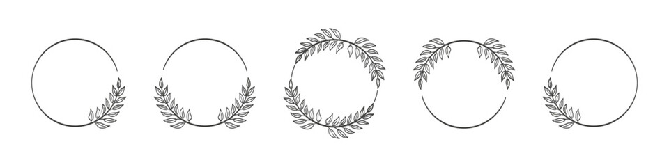 Set of black circular foliate laurels branches. Vector illustration of hand drawn wreaths