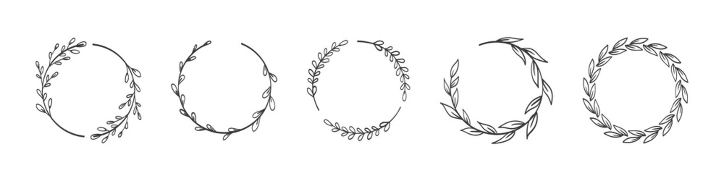 Laurels branches. Vector illustration of hand drawn wreaths. Doodle floral wreath frames