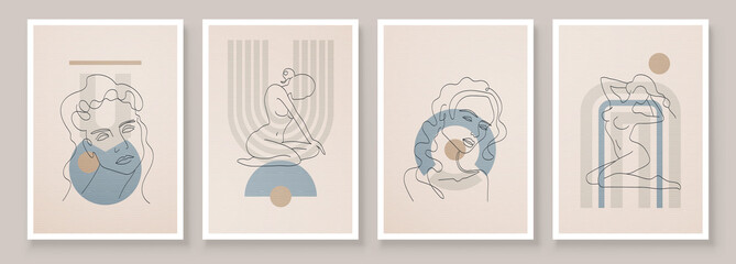 Abstract composition art with nude female silhouette in sunrise or sunset. Earth tones colors wall art decor. Soft color painting boho style background. Minimalistic background. Vector illustration.