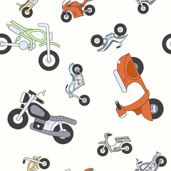 Motorbike - Vector color background (seamless pattern) of motorcycle, bike, chopper, scooter and other transportation for graphic design