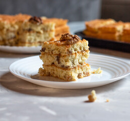 Fresh cake and delicious pastries. Piece of cake. Delicious dessert. Copy space. Home cake. Copy space