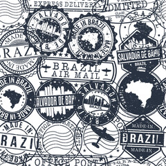 Salvador, State of Bahia, Brazil Pattern of Stamps. Travel Passport Stamps. Made In Product. Design Seals in Old Style Insignia Seamless. Icon Clip Art Vector Collection.