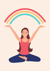 Woman doing yoga pose and raising her arms to the rainbow