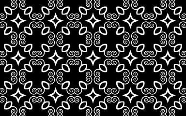 Black white geometric background. Ethnic pattern of the peoples of the East and Asia. Decorative graceful doodling style with curlicues. Template for wallpaper, stained glass, presentations, textiles,