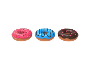 Donuts in chocolate with sprinkles, icing. 3D render model isolated white background.