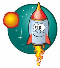 Spaceship mascot design. Mascot Cartoon Character. Cute Rocket Launching. Air Transportation Icon Concept.