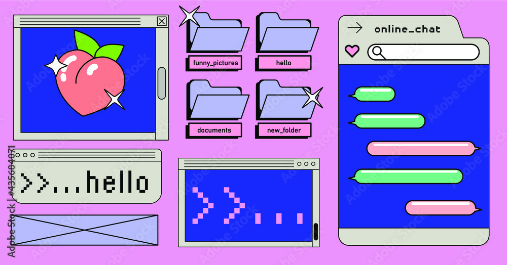 Poster Retrowave style desktop with message boxes, terminal console window and user interface elements. Retro OS in vaporwave 80's vintage stylization.