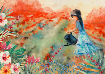 Summer in the garden. Watercolor background