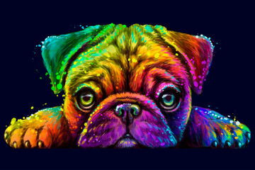 Pug. Sticker Design. Abstract, Multicolored, Neon portrait of the head of a pug breed dog on a dark blue background  the style of pop art. Digital vector graphics. Background on a separate layer.