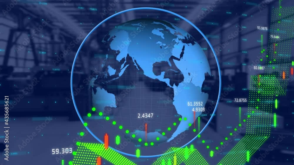 Poster animation of data processing and globe spinning over warehouse