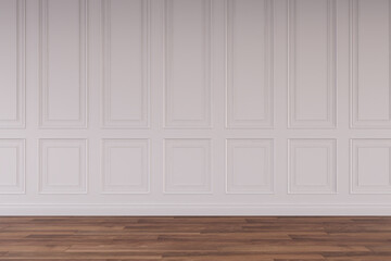 Mockup classic white wall interior. Floor parquet. Digital illustration. 3d rendering