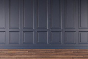 Mockup classic navy blue wall interior. Floor parquet. Digital illustration. 3d rendering