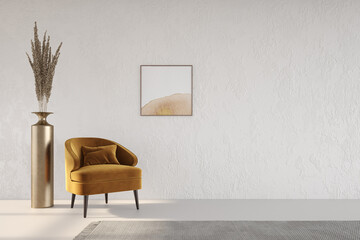 Interior design of modern Scandinavian mockup living room with orange and beige colors, orange armchair, antique gold vase, white wall texture and frame. 3D rendering 3d illustration
