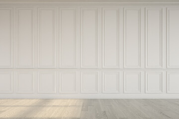 Mockup classic white wall interior. Floor white parquet. Digital illustration. 3d rendering