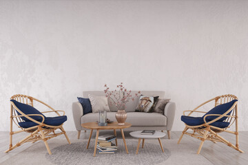 Living room interior wall mock up with grey sofa navy blue pillow, navy blue ratten armchair and round coffee table, modern living room interior background, 3d rendering