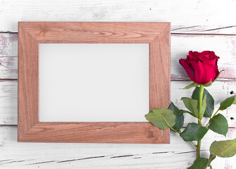 wood frame white old wood background with red roses