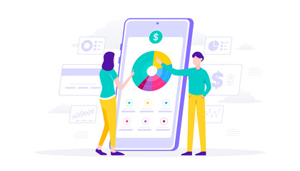 Fototapeta na wymiar Monitoring money e-wallet on mobile app. Analyzing graphs. Flat vector illustration for finance. suitable for user interface, ui, ux, web, mobile, banner and infographic.