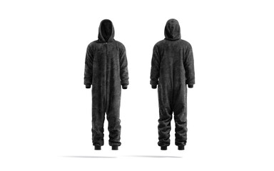 Blank black plush jumpsuit with hood mockup, front and back
