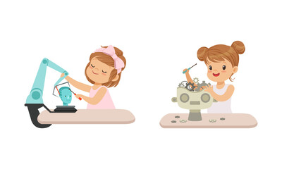 Cute Girls Creating Robot Models Set, Kids Building Robotic Technology, Hobby or Future Profession Concept Cartoon Vector Illustration